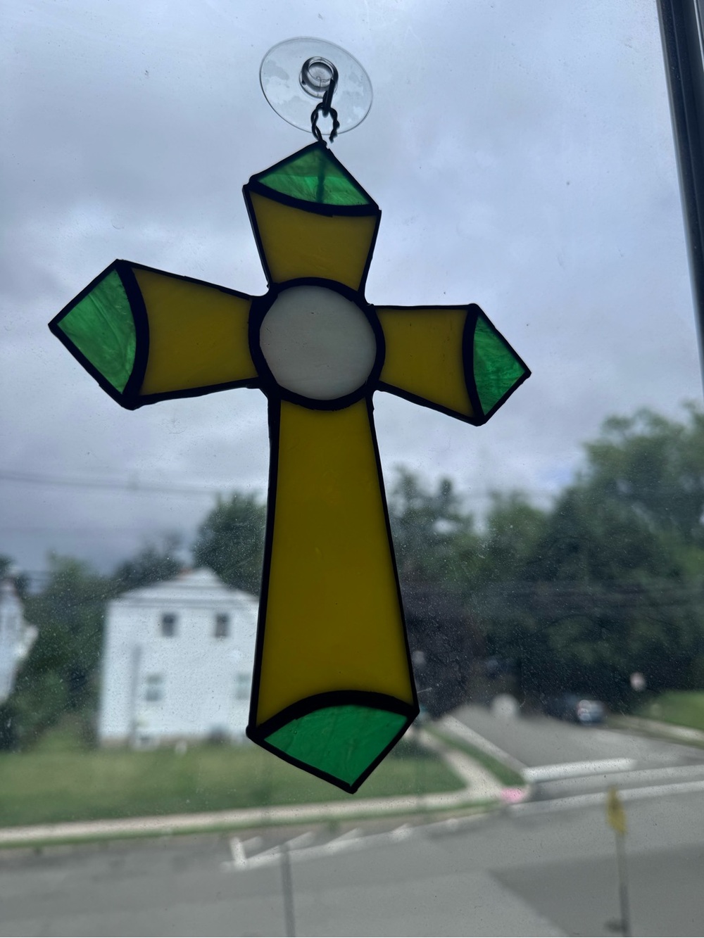 Handmade Yellow & Green Stained Glass Cross Suncatcher - Unbranded